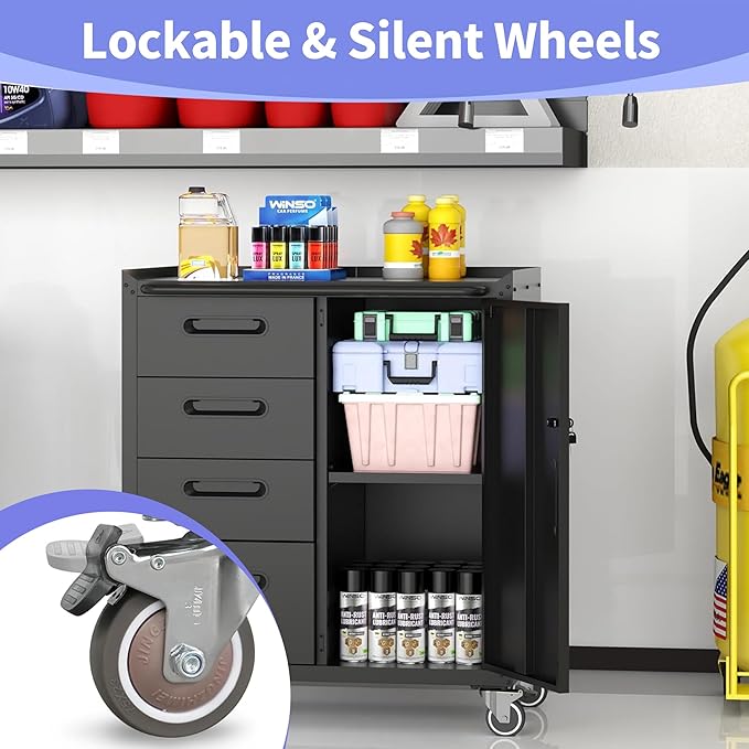 Metal Garage Storage Cabinet on Wheels, Lockable Rolling Tool Cabinet - Image 4