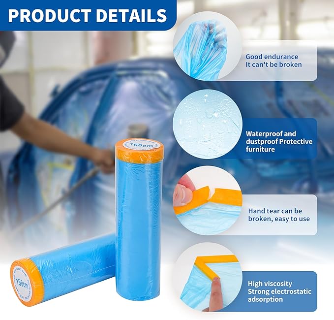 Pre-Taped Automotive Masking Film 4 Pack 59 in x 65 feet Rolls, Tape and Drape - Image 3
