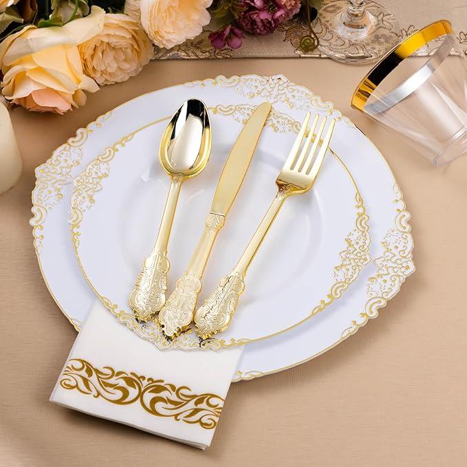 350PCS White and Gold Plastic Plates - Image 4
