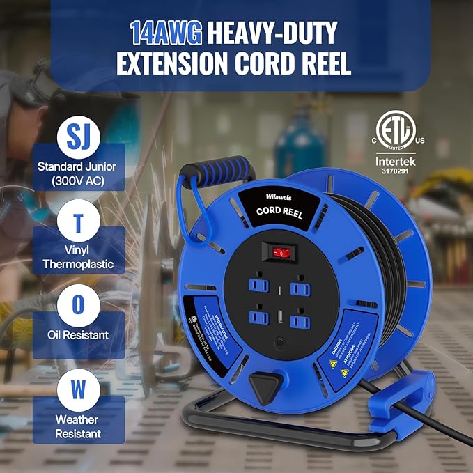 60 FT Retractable Extension Cord Reel, 14AWG Heavy Duty Power Cord - Image 2
