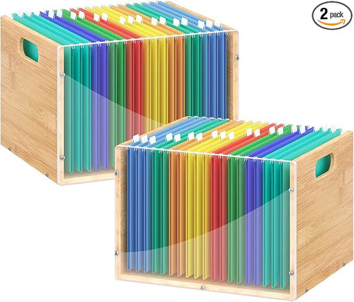 2 Pack Hanging File Organizer, Bamboo Filing Box File Crate Storage Boxes by shengbaomaoyi