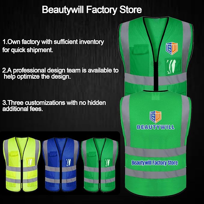 BeautyWill 10/20 Pack Custom Logo Safety Vest, Bulk High Visibility Class 2 - Image 2