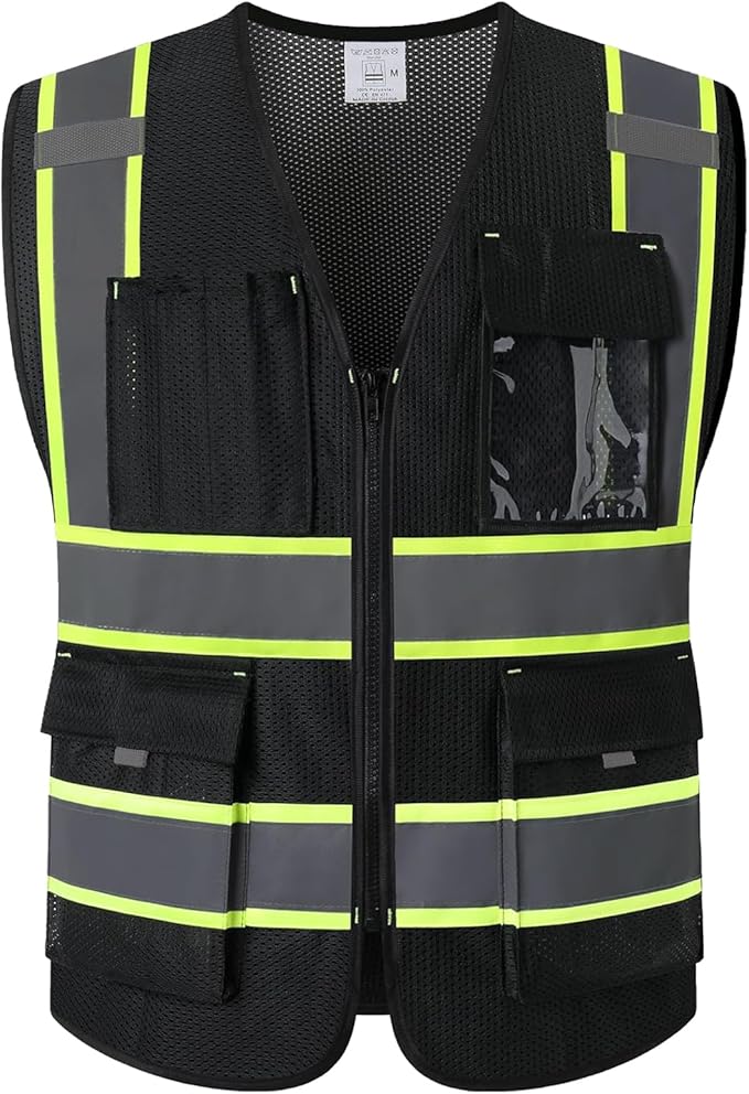 9 Pockes Black Reflecive Safety Vest by Ekkosafety