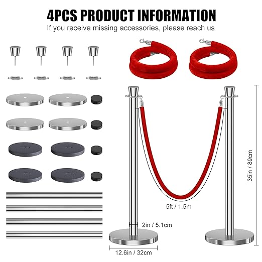 kaiyomi 4Pcs Stanchions with Red Velvet Ropes Set, 5 Feet Velvet Ropes and - Image 2