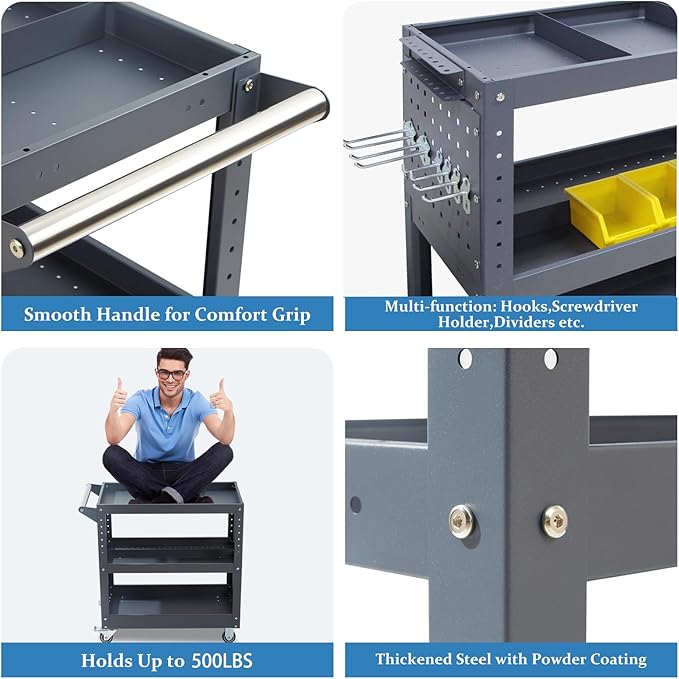 3 Tier Rolling Tool Cart, 500 lbs Capacity, 31.5"x29"x15", Mechanics Cart - Image 5