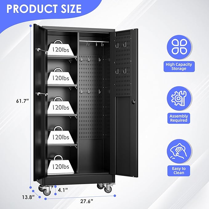 Garage Storage Cabinet with Wheels and 5 Pegboard, Broom Closet Storage Cabinet - Image 3