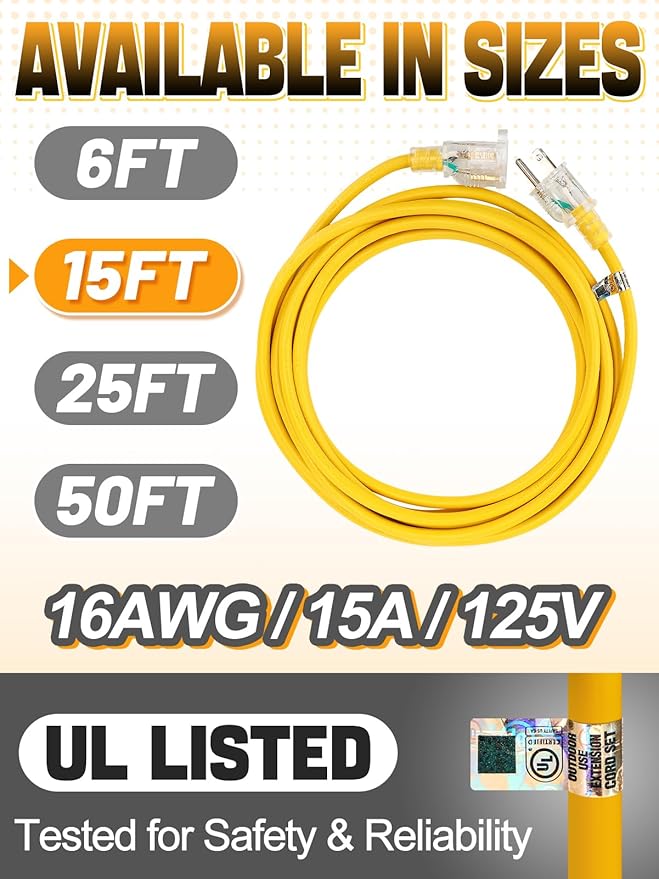 Lighted End Heavy Duty Outdoor Extension Cord Waterproof -16AWG, 3 Prong - Image 5