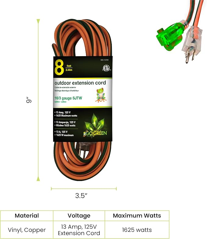 Go Green Power Inc. GG-13708 16/3 Heavy Duty Extension Cord-Orange, 8 ft - Image 2