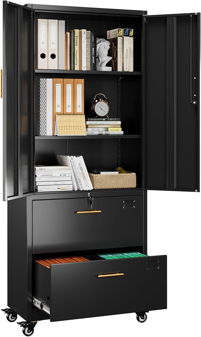 METAN Metal File Cabinet with 2 Drawers and 2 Shelves, Office Filing Cabinet on by METAN