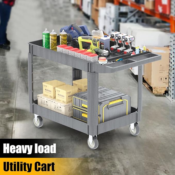 2 Tier Rolling Utility Cart on Wheels, 1000 lbs Capacity Plastic Service Cart - Image 2