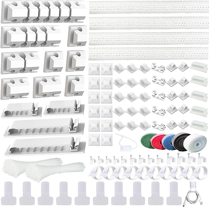 ELII 327PCS White Cable Management Kit 4 Cable Cable Sleeves, 65 Cable Clips by OfficeArtCraftsProducts