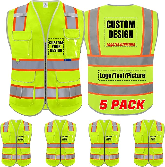 BeautyWill 5Pack Custom Logo Safety Vest 8 Pockets Class2 ANSI Certified High by BeautyWill