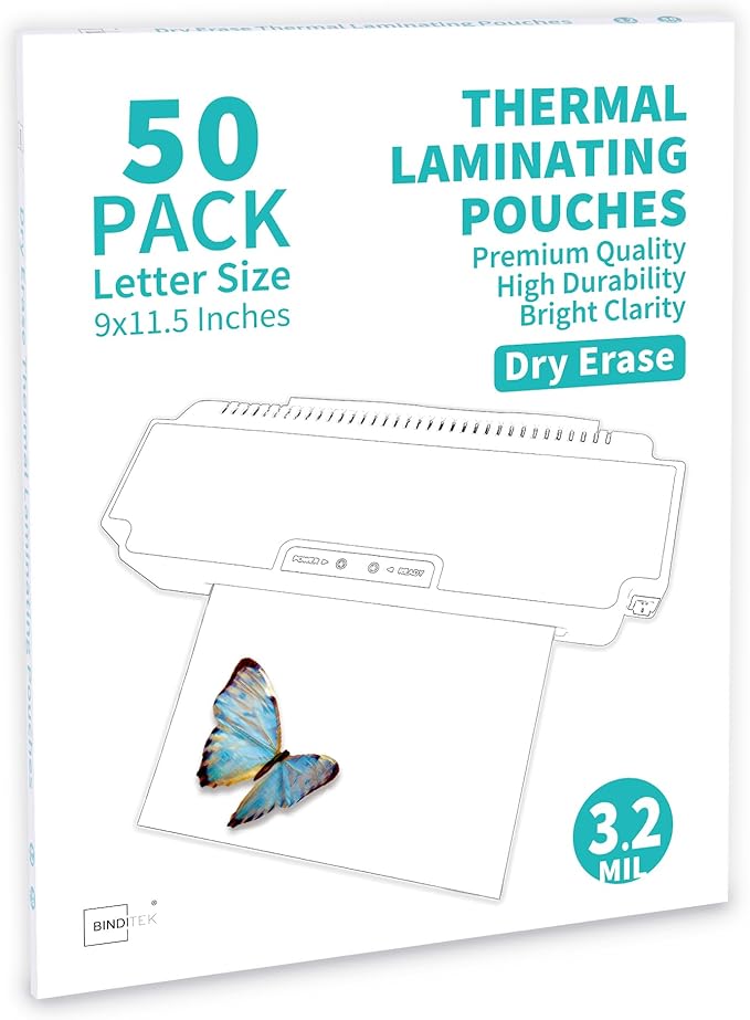 Binditek 50 Pack 3.2 Mil Dry Erase Thermal Laminating Pouches, Dry Erase by Binditek