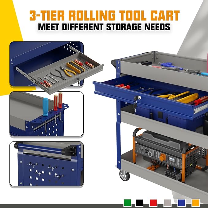 3 Tier Rolling Tool Cart on Wheels, 450 LBS Capacity Tool Cart - Image 6