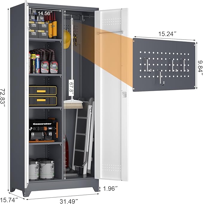 GREATMEET 72.8" H Metal Garage Storage Cabinets, Lockable Broom Closet Storage - Image 3