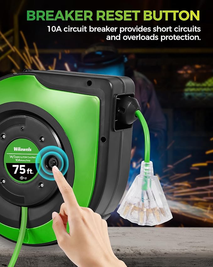 Retractable Cord Reel, 75 FT Heavy Duty Extension Cord, 14AWG/3C SJTOW - Image 5