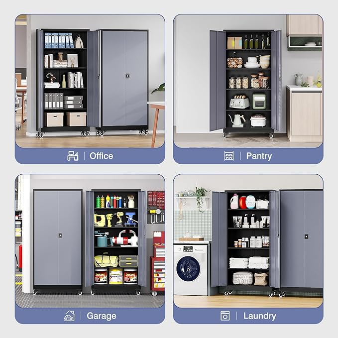 Metal Garage Cabinet with Wheels, Tall Storage Cabinet with 4 Adjustable - Image 5