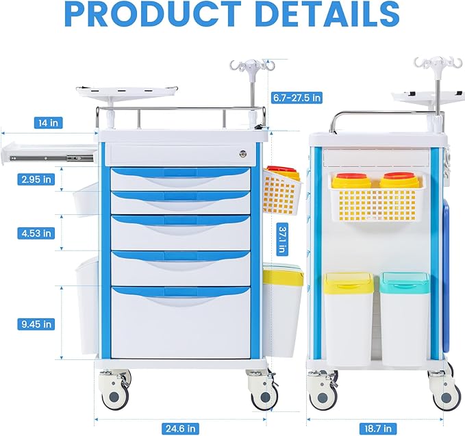 5-Tier Medical Cart, Hospital Emergency Rolling Crash Carts - Image 7