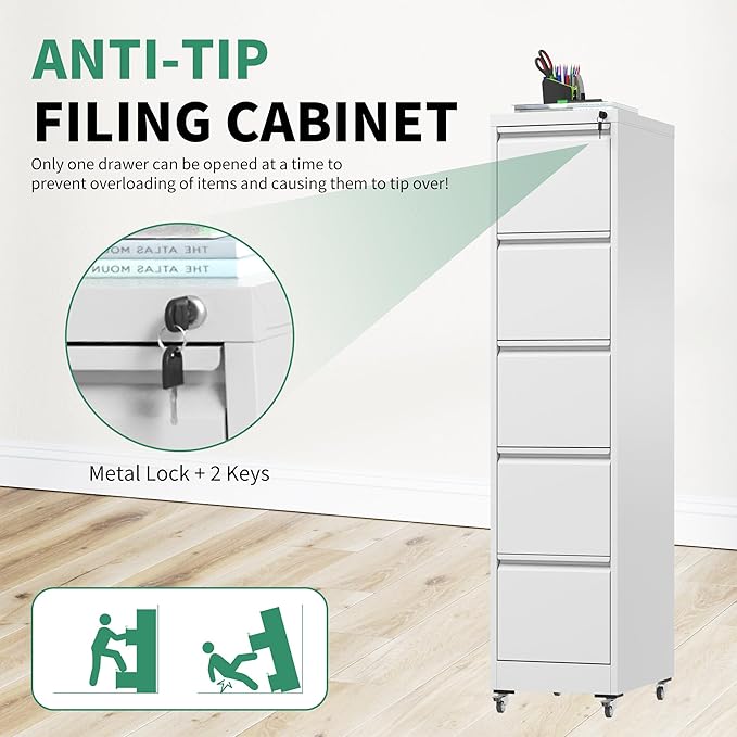 5 Drawer Mobile File Cabinet, Under Desk File Cabinet, Metal Filing Cabinets - Image 4
