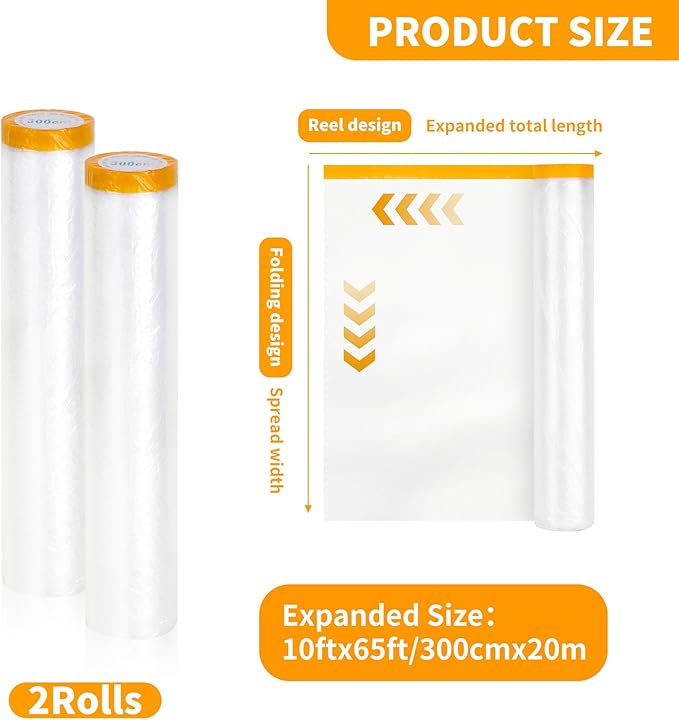 Pre-Taped Masking Film 2 Pack Each 10 x 65 feet Rolls, Tape and Drape, Painters - Image 2