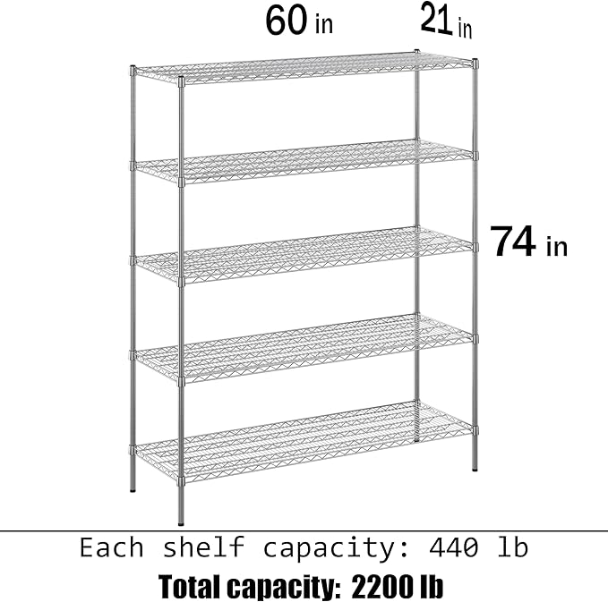 21" Deep x 60" Wide x 74" Height Wire Shelving Kit | 5-Tier | NSF Commercial - Image 3