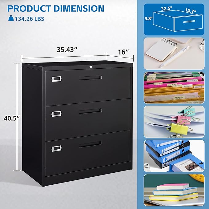 Lateral File Cabinet with Lock, Metal Filing Cabinet with 3 Drawer, Steel - Image 2