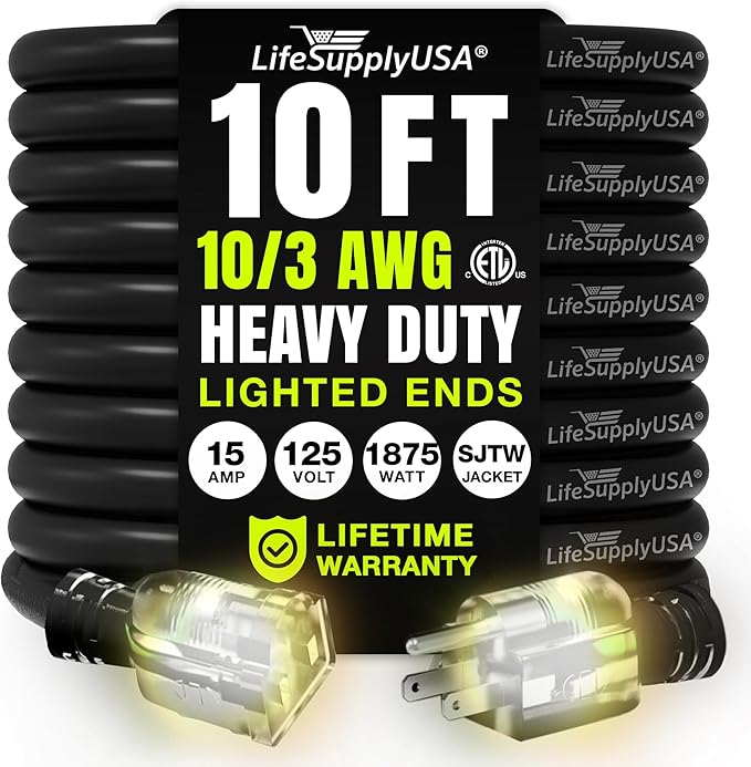 10ft Outdoor/Indoor Extension Cord 10/3 Gauge Ultra Heavy Duty 3 Prong SJTW by LifeSupplyUSA