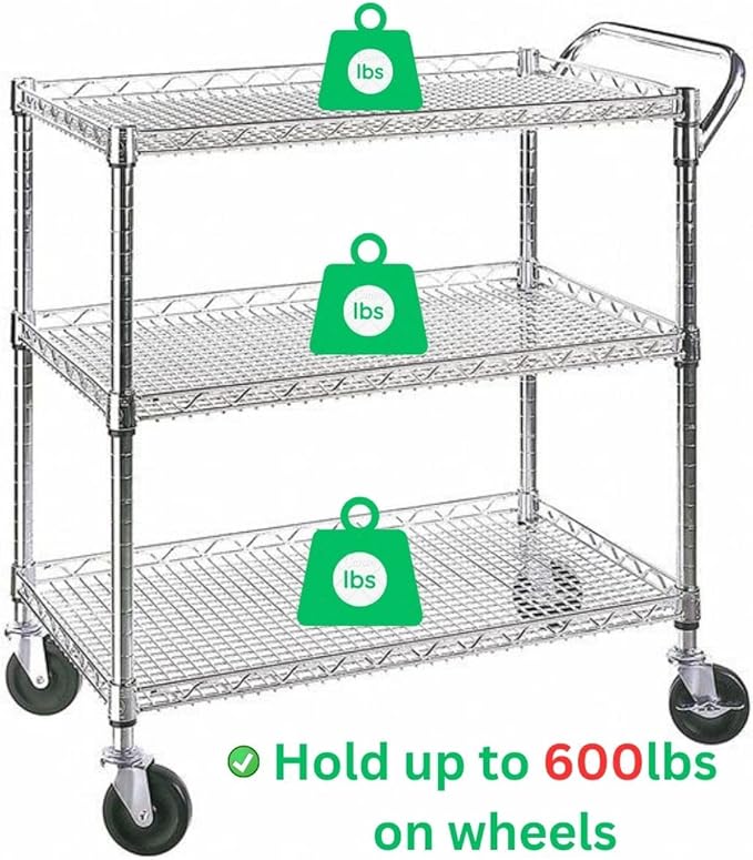 Heavy Duty 3 Tier Rolling Utility Kitchen Cart on Wheels, Large 45"L x 17 1/2"D - Image 5