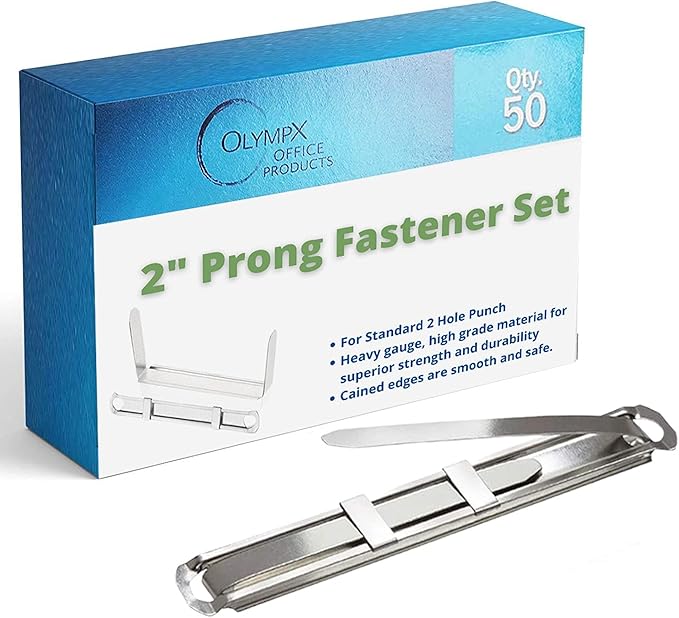OLYMPX 50 Pcs of 2” Capacity Premium Metal Prong Paper Fastener Complete Set by Unknown