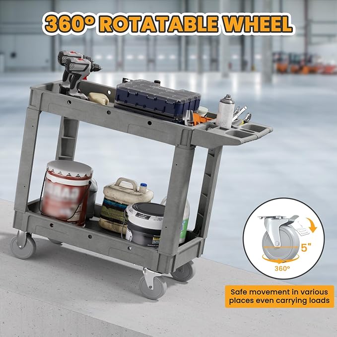 2-Tier Rolling Tool Cart, Heavy-Duty Plastic Service Cart - Image 3