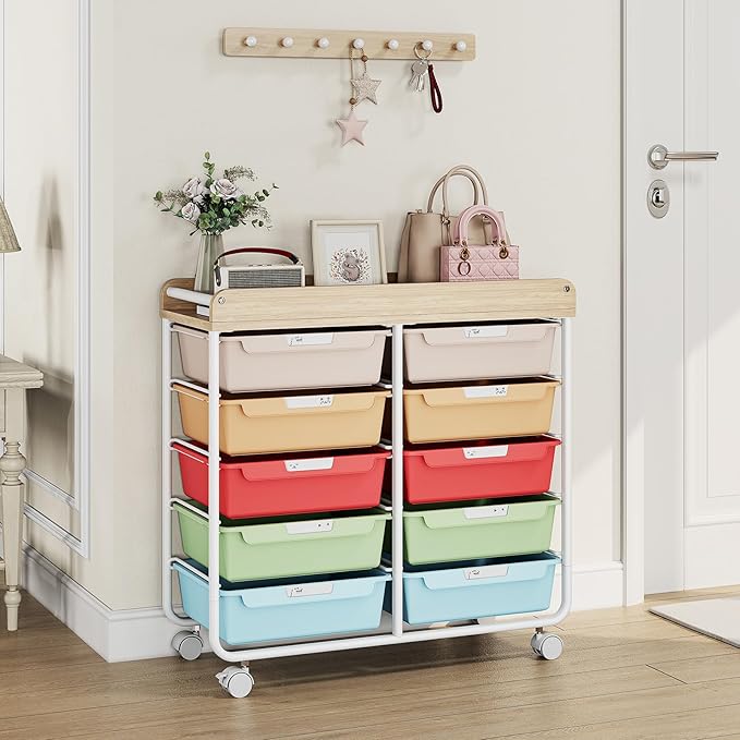 10 Drawers Rolling Cart with Wooden Tabletop, Utility Storage Cart with Wheels - Image 7