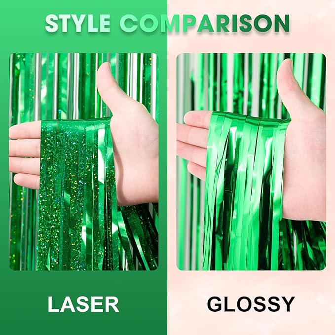 3 Pack 3.3 x 8.2 ft Laser Green Foil Fringe Backdrop Curtains, Tinsel Streamers - Image 3
