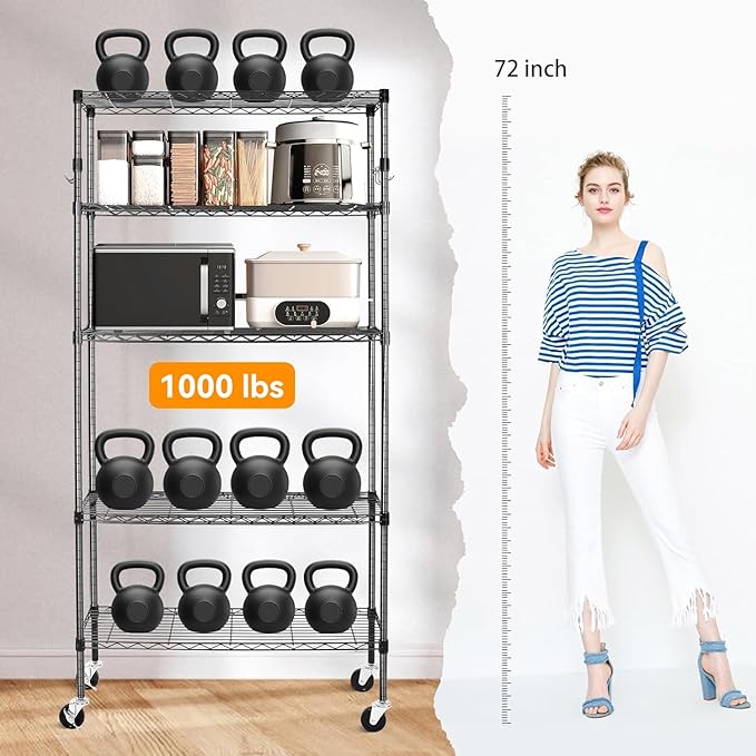 YNN Storage Shelves, 1750Lbs 5 Tier Heavy Duty Metal Rolling Shelving Unit - Image 4