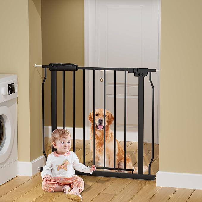 Narrow Baby Gates for Stairs Doorways Auto Close Tension Black Metal Child Pet by HOOOEN