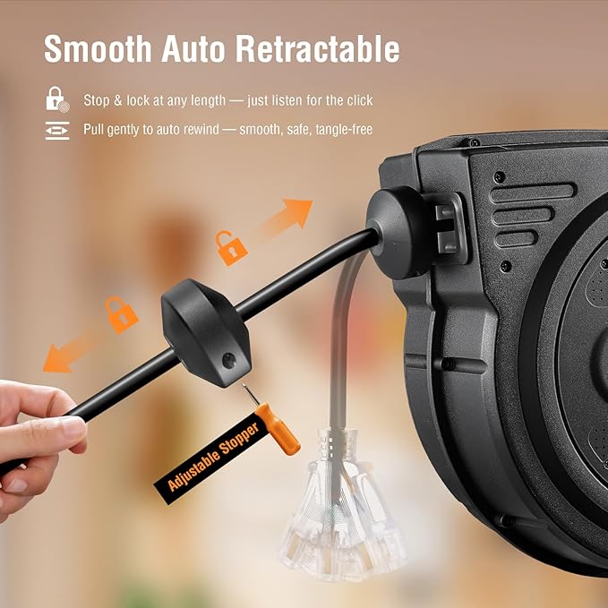 SURAIELEC 12 Gauge Extension Cord Reel, 60 FT Retractable Extension Cord - Image 4