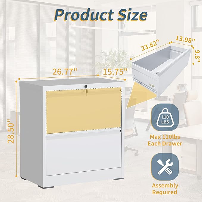 2 Drawer File Cabinet with Lock, Lateral Filing Cabinets, Metal Storage Filing - Image 3