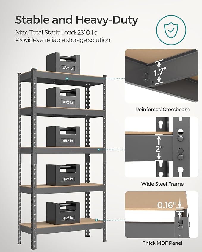 SONGMICS 5-Tier Storage Shelves, Load 2310 lb, Garage Storage, Boltless Assembly - Image 4