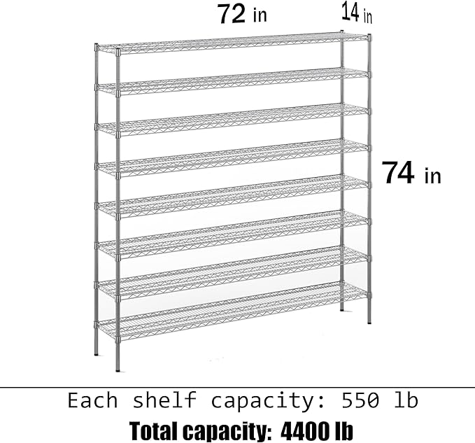 14" Deep x 72" Wide x 74" Height Wire Shelving Kit | 8-Tier | NSF Commercial - Image 3