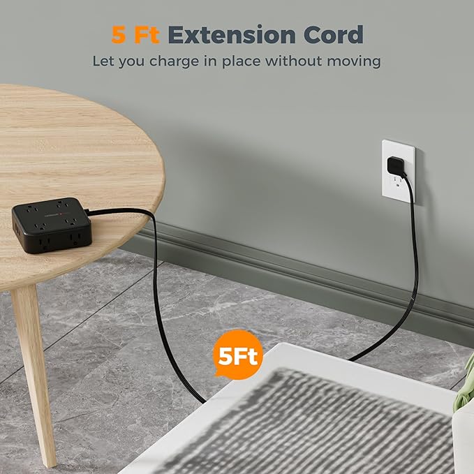 TESSAN Surge Protector Power Strip Black, 5 Ft Flat Plug Extension Cord - Image 4