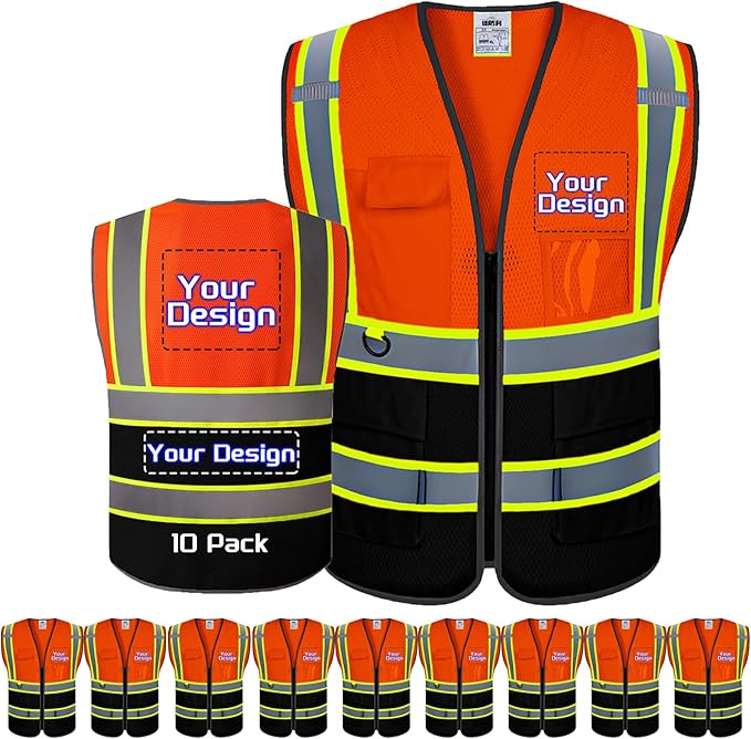 Custom Safety Vest with Logo Pockets High Visibility Reflective Vests by CustomTok