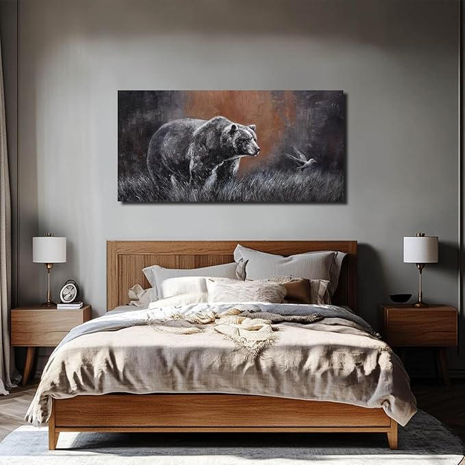 ZHENGYIN Grizzly Bear & Bird Canvas Wall Art, Warm Earth Tone Glow, Rustic - Image 2