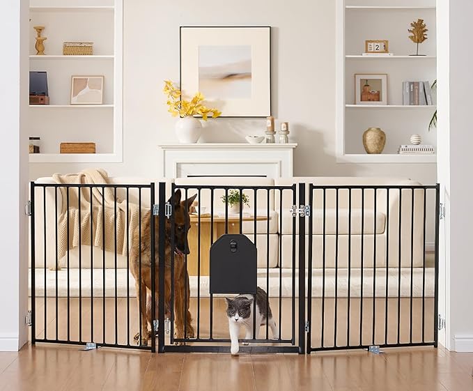 No Pawblems Dog Gate with Cat Door, Free Standing 30'' Tall Foldable Dog Fence by NoPawblems