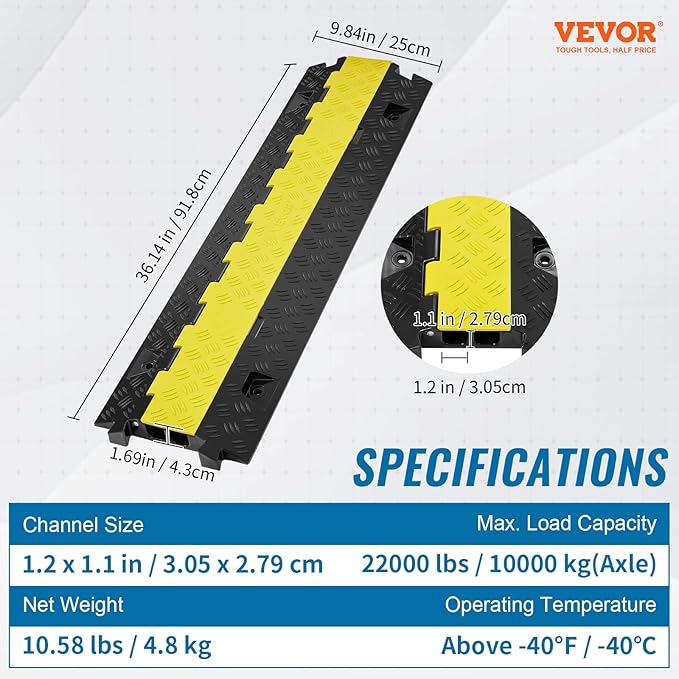 VEVOR Cable Protector Ramp, 2 Channel, 22000 lbs/axle Capacity Heavy Duty TPU - Image 7