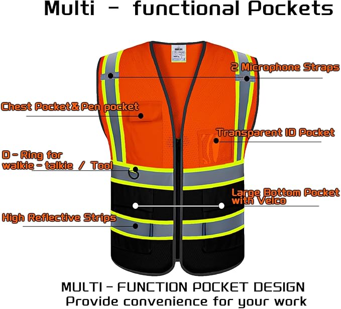 Custom Safety Vest with Logo Pockets High Visibility Reflective Vests - Image 3