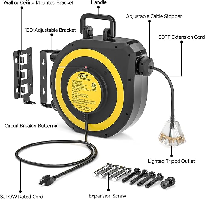 CRST 50 FT Retractable Extension Cord Reel, 14AWG/3C SJTOW Heavy Duty Power Cord - Image 8