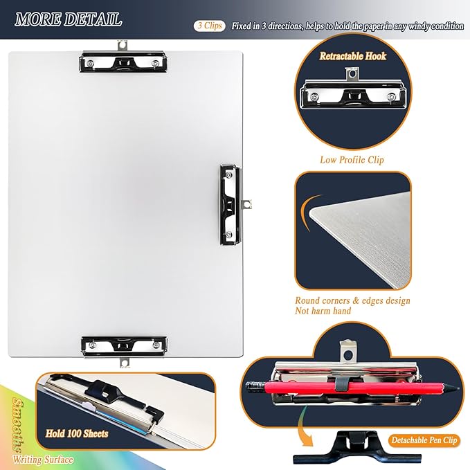 Three Clip Aluminum 11x17 Clipboard Metal Stainless Hangable Clipboards Art Pen - Image 2