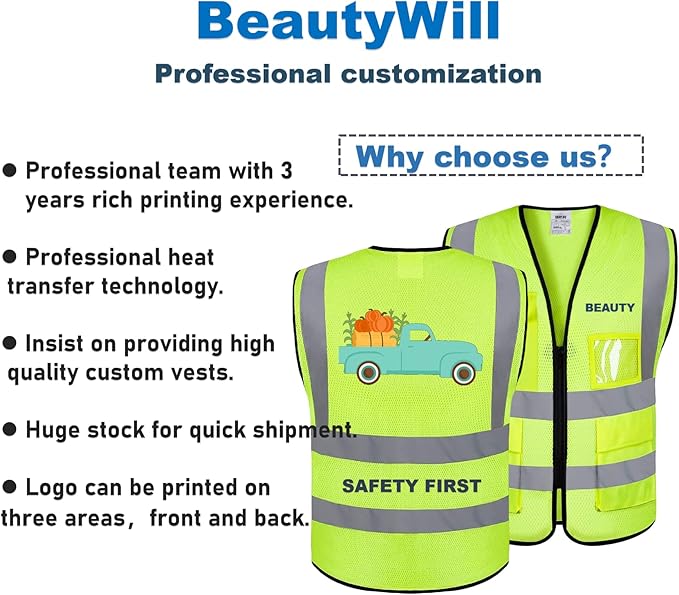 BeautyWill Custom Logo Safety Vest Class2 High Visibility Reflective Vest - Image 3