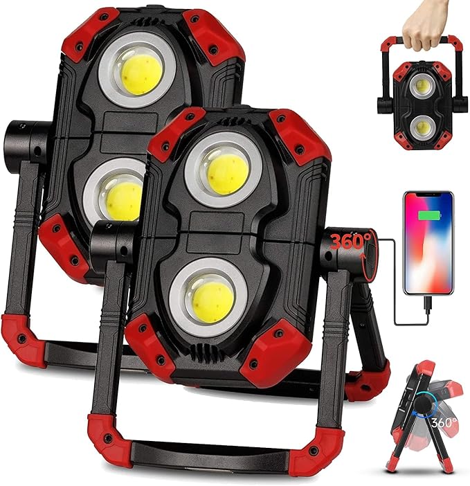 Yzoni 2 Pack LED Work Light Rechargeable, 2 COB 2500LM Folding Portable Flood by Yzoni