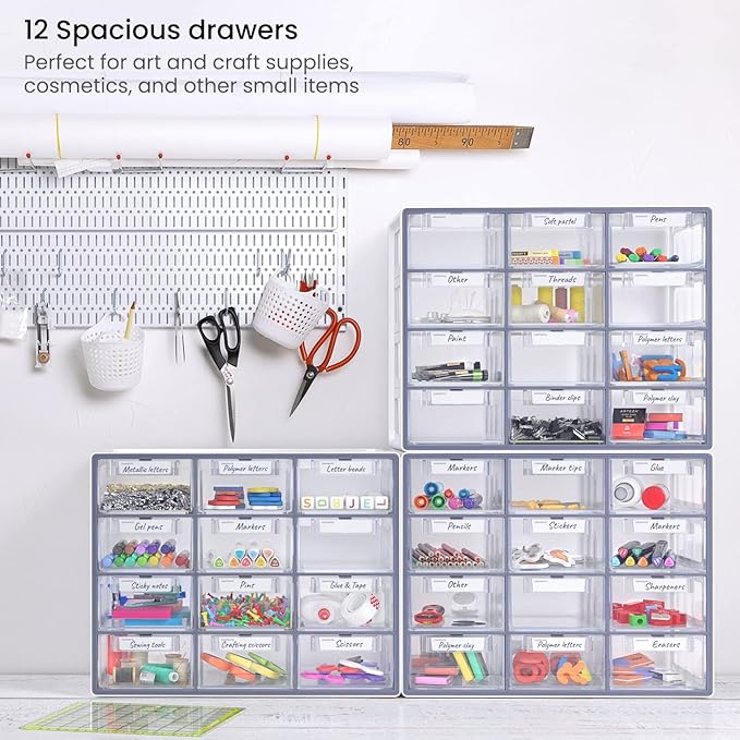 Arteza 12 Drawer Organizer and Storage Cabinet – Clear Plastic, Stackable - Image 7