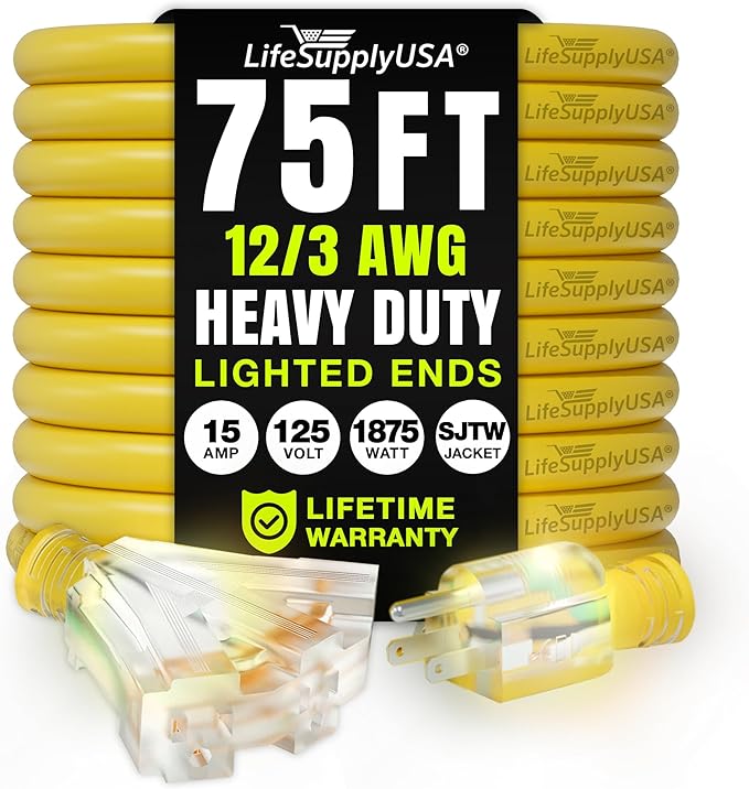 75ft Outdoor/Indoor Extension Cord 3-Outlet 12/3 Gauge Extra Heavy Duty 3 Prong by LifeSupplyUSA